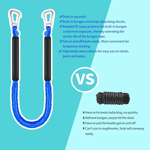 Heavy Duty Floating Dock Lines with Double Hooks - 4FT Marine Bungee Rope for Boats, Pontoon & Jet Ski
