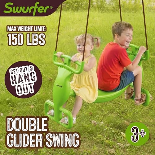 Kids Glider Swing for Backyard Playset - Double Seater, Heavy Duty, Green/Brown