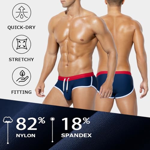 Men's Swim Briefs - Contrast Color Bikini Swimsuit, Medium Navy Blue