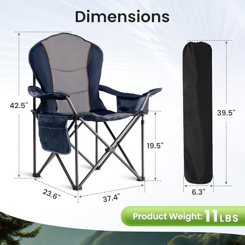 Foristrail 2-Pack XL Oversized Camping Chairs with Cup Holders & Waterproof Phone Case, Heavy Duty Folding Outdoor Chairs for Adults, Blue & Gray