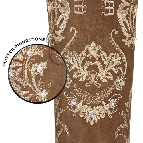 Dixhills Brown Western Cowgirl Boots for Women - Sparkly Rhinestone Embroidered Knee High Tall Boot with Side Zipper, Retro Pointed Toe for Country Wedding & Party