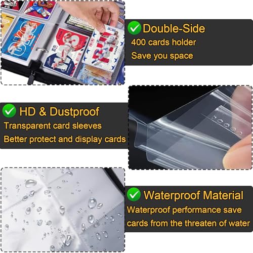 4 Pocket Card Binder for Trading Cards with 50 Removable Sleeves - Fits 400 Cards, Portable Zipper Album for Boys & Girls (4 Pocket)