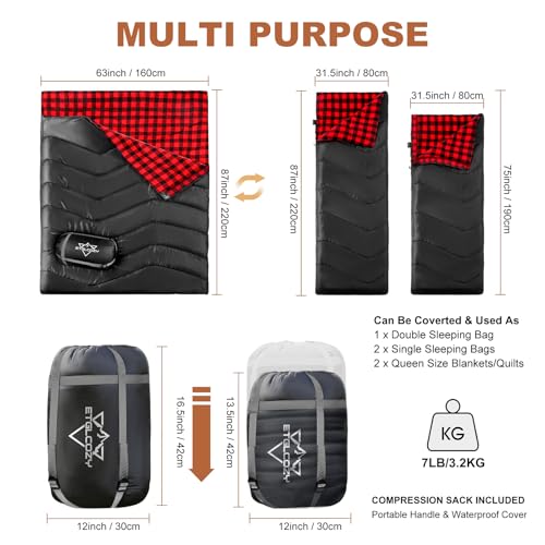 XL Queen Size Double Sleeping Bag for 2 Adults - Black & Red, Portable Camping Bed