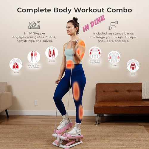 Pink Mini Stair Stepper with Resistance Bands for Home Workout - Sunny Health & Fitness