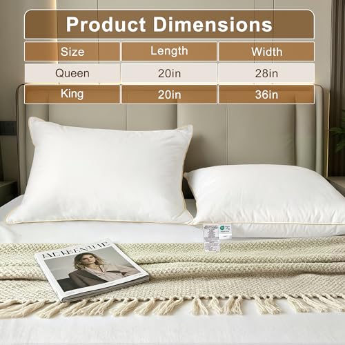 FARINA Queen Size Goose Feather Down Pillows Set of 2 with 600T Cotton Cover