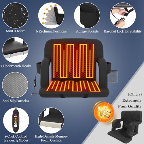 Heated Stadium Seats with Back Support - 23 Inch Foldable Cushions, Black, 2 Pack