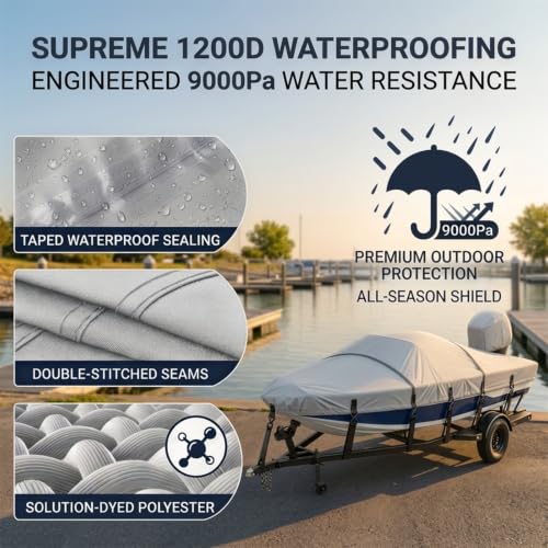 Fapaulen Waterproof 1200D Marine-Grade Boat Cover for 16-18.5 ft Bass Boats, Oyster Gray with Adjustable Straps & Metal Hooks
