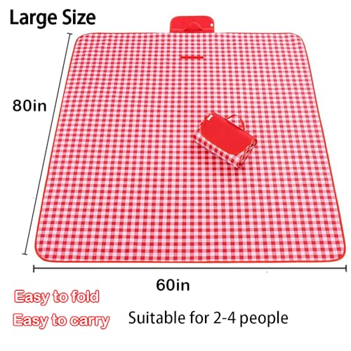 Large Waterproof Sand-Free Beach Blanket - Foldable Picnic Mat for 2-4 People, Classic Red Check 80x60in