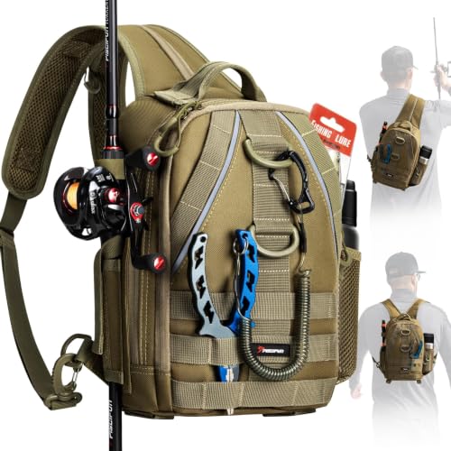 Piscifun Fishing Backpack with Rod Holders, Lightweight Sling Bag Khaki - Standard / Urban
