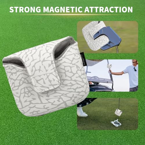 Golf Club Mallet Putter Head Cover with USA Flag & Elephant Print - Magnetic Closure, Durable PU Material - White