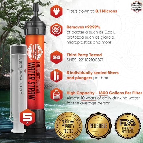 Practical Survival Reusable Water Filter Straw 5-Pack - Emergency & Outdoor Hydration