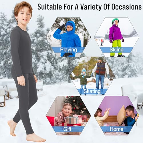 Kids Thermal Underwear Set for Boys - Fleece Lined Long Johns, Medium / Black & Gray