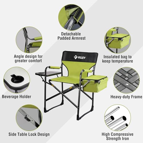 Heavy Duty Folding Directors Chair with Cooler Bag and Side Table - Green