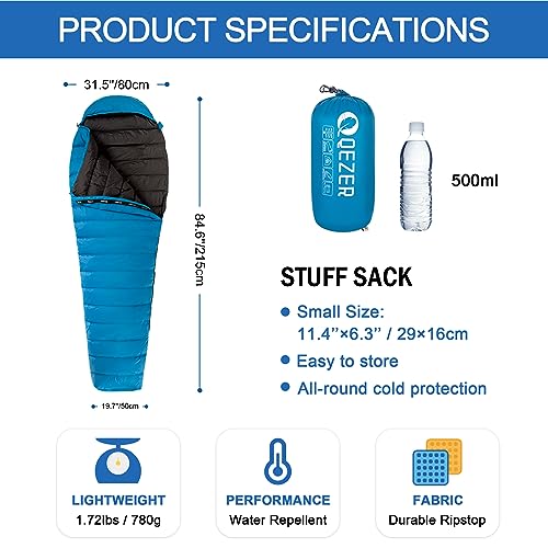 Ultralight Down Sleeping Bag for Adults - 59°F-68°F, Blue / Black, Compact Backpacking