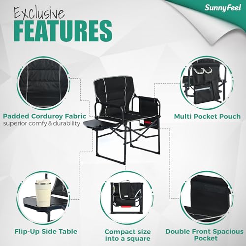 SUNNYFEEL Black Oversized Camping Director Chair with Side Table & Dual Pack