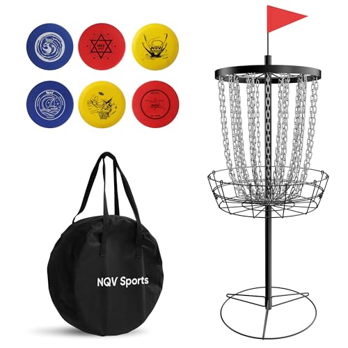 NQV Heavy Duty Black Portable Disc Golf Basket with 24 Chains and Carrying Bag