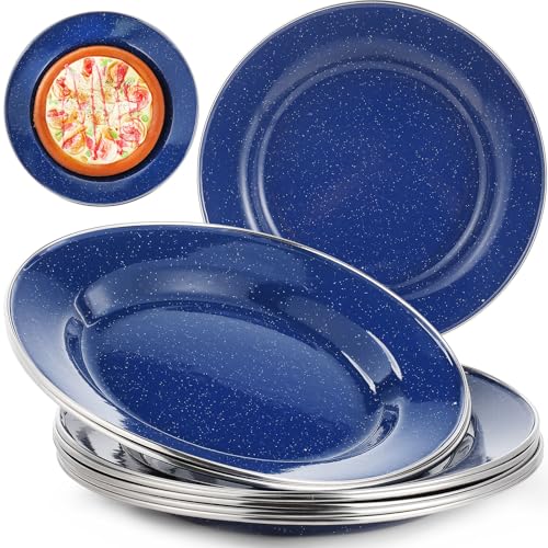 Sawysine 8 Pack 10-Inch Blue Enamel Camping Plates - Durable Outdoor Dinnerware