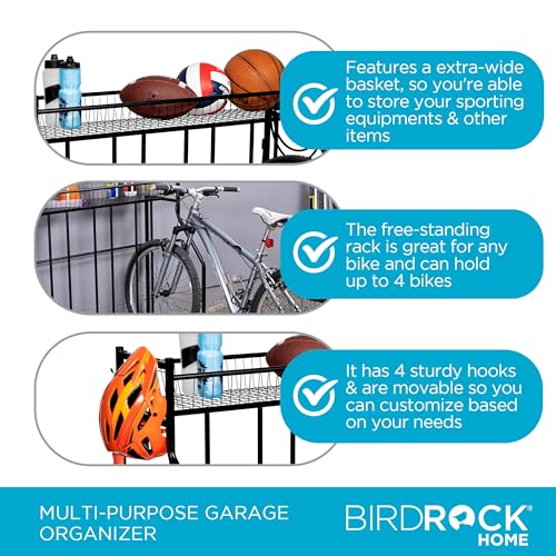 Birdrock Home 4 Bike Stand Garage Storage with Gear Basket & Hooks - Freestanding Bike Rack