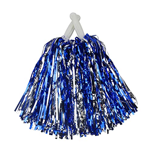 Cheerleading Pom Poms Set Blue and Silver 12 Pieces Metallic Foil with Handles