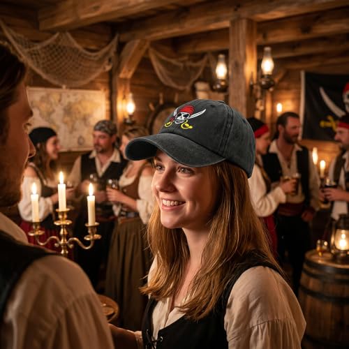Embroidered Baseball Cap for Men Women - Pirate Skull Washed Black Variation