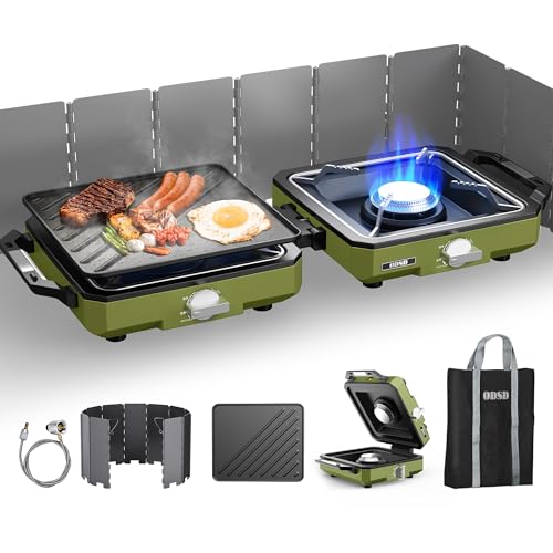 ODSD Green 2 Burner Camping Stove with Windshield & Accessories, Portable Propane Gas Cooker