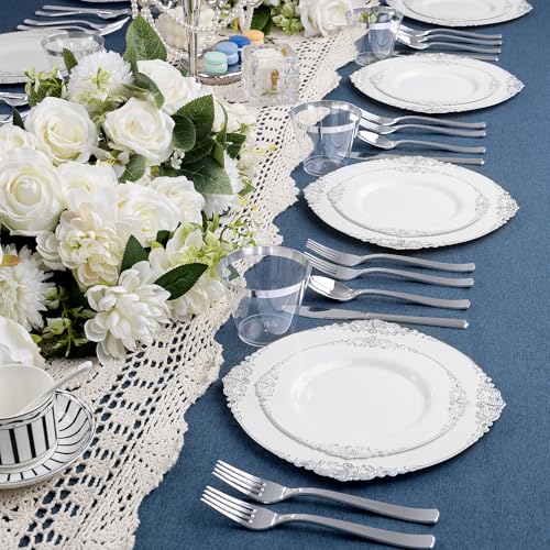 Silver Plastic Dinnerware Set for 100 Guests – Includes Plates, Cups & Utensils - Variation of THIS listing