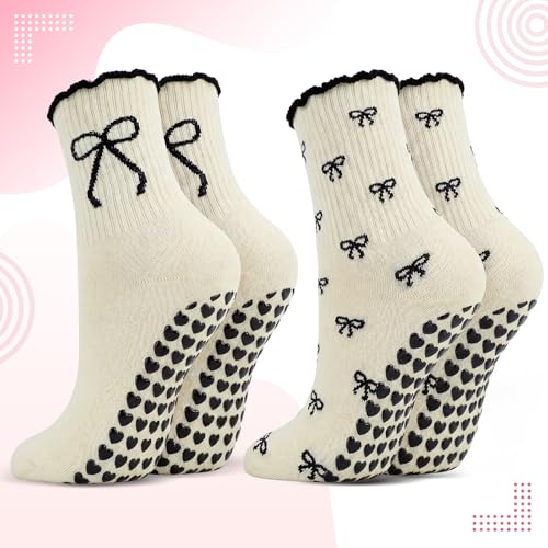 Cuffbow 2 Pilates Socks - Black and White Bow Variation, Non-Slip Grip, Crew Size