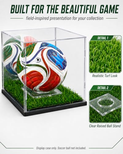 Acrylic Mini Soccer Ball Display Case with Mirror Back & Turf Base - 7.5"Lx7.5"Wx7.9"H, Variation of Acrylic Case for Mini Soccer