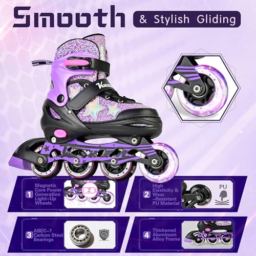 Kuxuan Adjustable Kids Inline Skates for Girls & Women - Purple Star, Large Youth 4.5-7 US