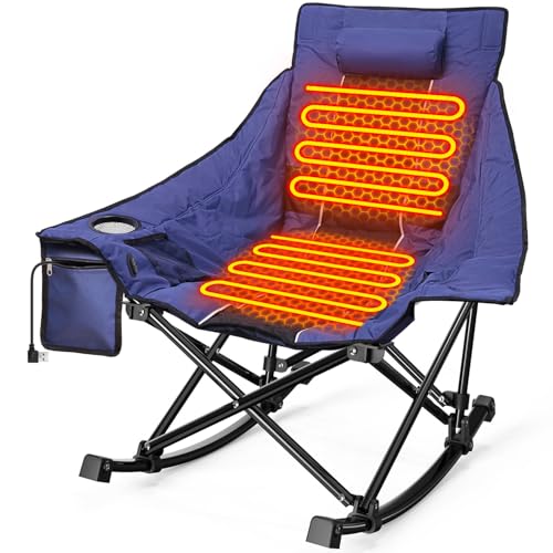 Slendor Heated Camping Chair Blue Oversized Rocking Chair with Pillow & Cup Holder