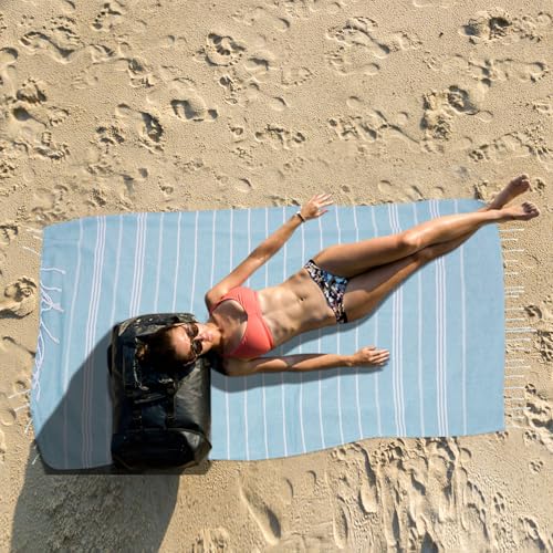 Oversized Turkish Beach Towels 36x71 Inches - 12 Pack Blue Sand-Free Quick Dry Lightweight Pool & Bath Towel Set