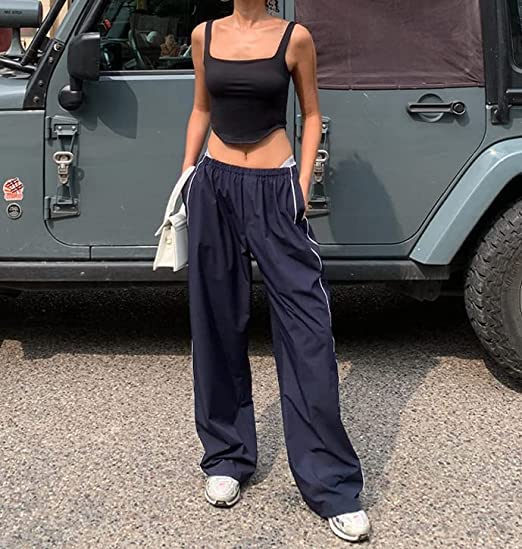 XPONNI Women's Baggy Y2K Parachute Pants Navy Small