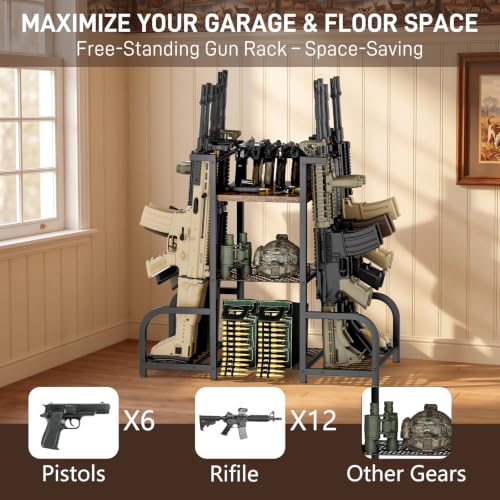 Double-Sided 12-Gun Heavy Duty Metal Gun Rack Floor Stand - Vertical Rifle & Shotgun Storage, Black, Style 02