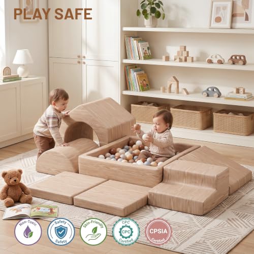 JungleDove Light Wood Montessori Foam Climbing Blocks Set for Toddlers, 7-Piece Indoor Play Gym