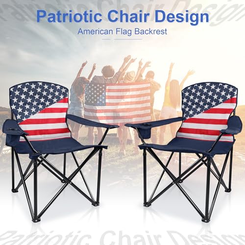 American Flag Oversized Collapsible Camping Chairs 2-Pack, Padded Lawn Seats, 350 lbs