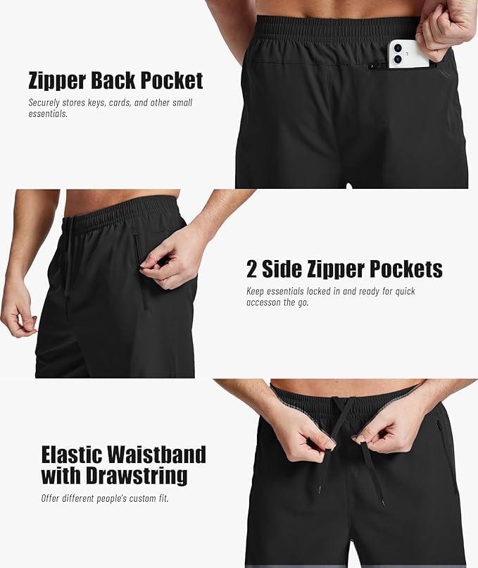 Men's 7 Inch Quick Dry Athletic Running Shorts - Large, Black with 3 Zipper Pockets