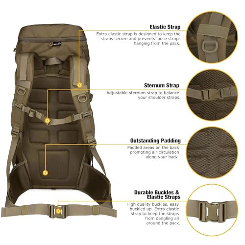 Khaki 50L Hiking Backpack with Rain Cover - Durable Tactical Daypack