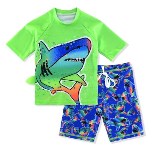 Kids Short Sleeve Rash Guard Swimwear Set - Dinosaur Pattern, 6-7 Years, Shark Color
