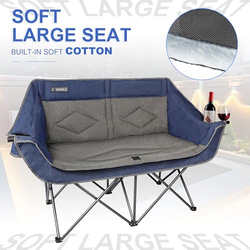 Blue Oversized Double Camping Chair - Heavy Duty 2-Person Folding Loveseat for Outdoor Use