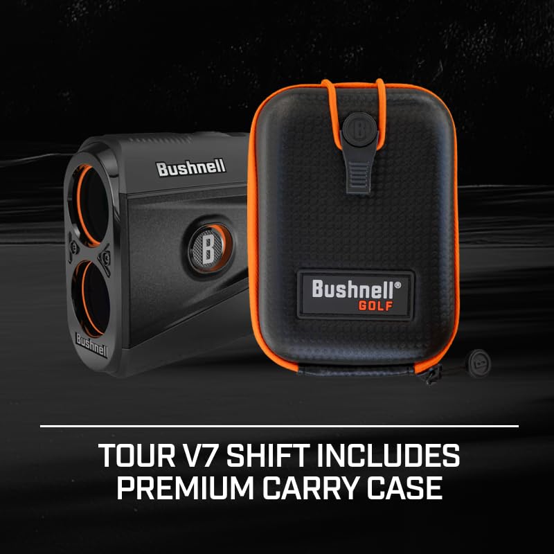 Bushnell Tour V7 Shift Laser Rangefinder Patriot Pack with Towel Bundle - 1300 Yard, Slope Tech, Magnetic Mount, Dual Display