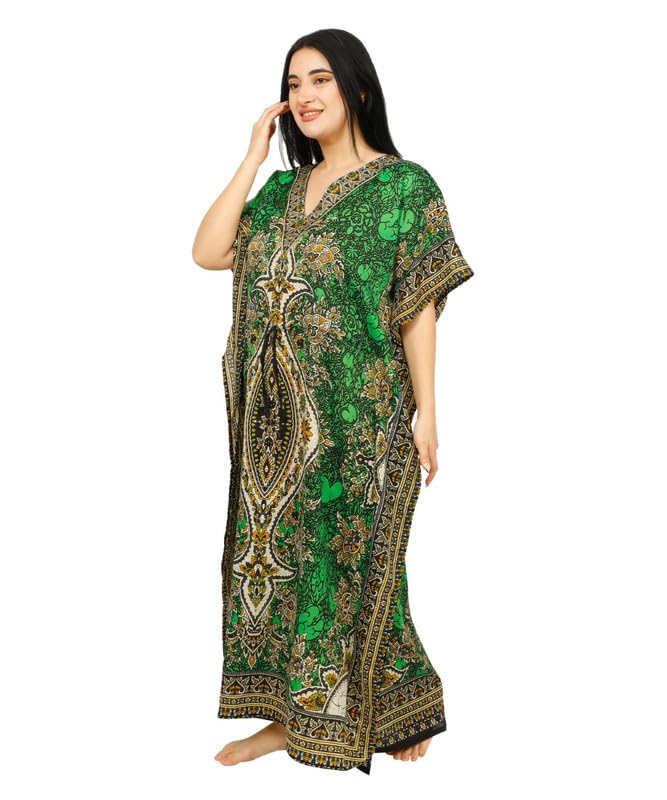 Women's Long Kaftan Maxi Dress - Green, One Size Beach Cover Up