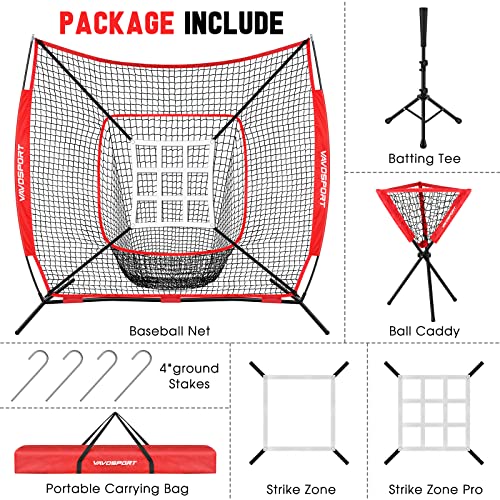 Baseball Net Set with Batting Tee & Ball Caddy - Portable Softball & Baseball Practice Equipment - Red