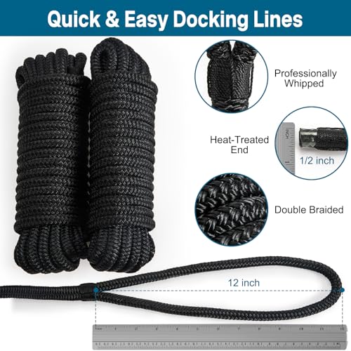 2 Pack 1/2" x 20' Nylon Dock Lines - Marine-Grade Boat Ropes, Black