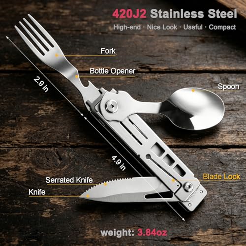 5-in-1 Camping Utensils Set with Pouch - Folding Fork Knife Spoon