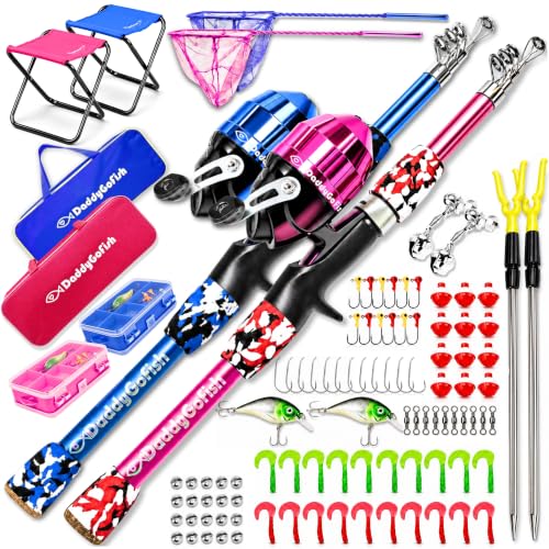 DaddyGoFish 2 Pack Kids Fishing Poles Set - 5ft Telescopic Rods for Boys & Girls, Complete Fishing Kit with Accessories