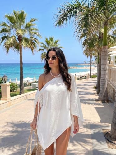 Women's Linen Off Shoulder Beach Cover Up Poncho Top One Size - White