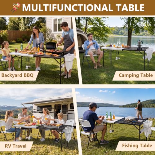 White & Black 5FT Folding Camping BBQ Table with Dual Surfaces & Carry Handle