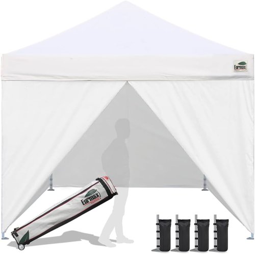 Eurmax USA 10x10 Pop-Up Canopy Tent - Commercial Outdoor Shelter with 4 Zippered Walls & Roller Bag - White