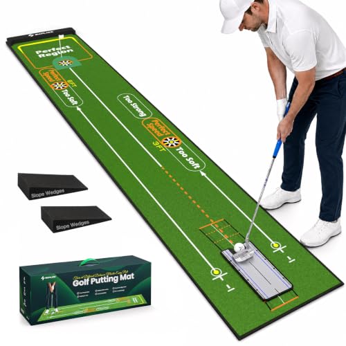 SAPLIZE Green Golf Putting Mat with Alignment Mirror & Adjustable Slopes - Gift Box Edition