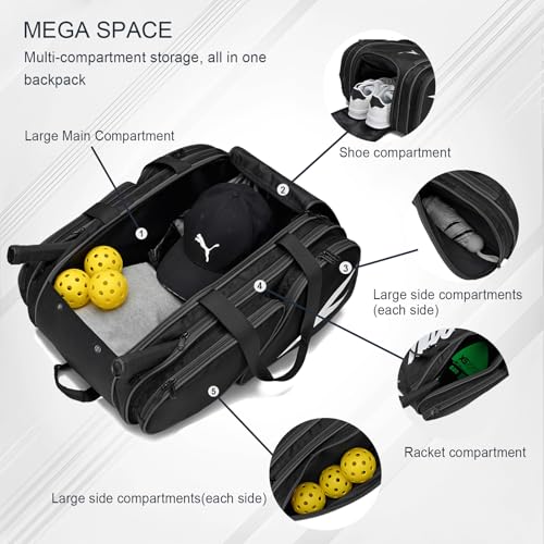 TILDOSAC Large Pickleball Bag 15.5 x 9.84 x 22 Black - Paddles, Shoes & Accessories